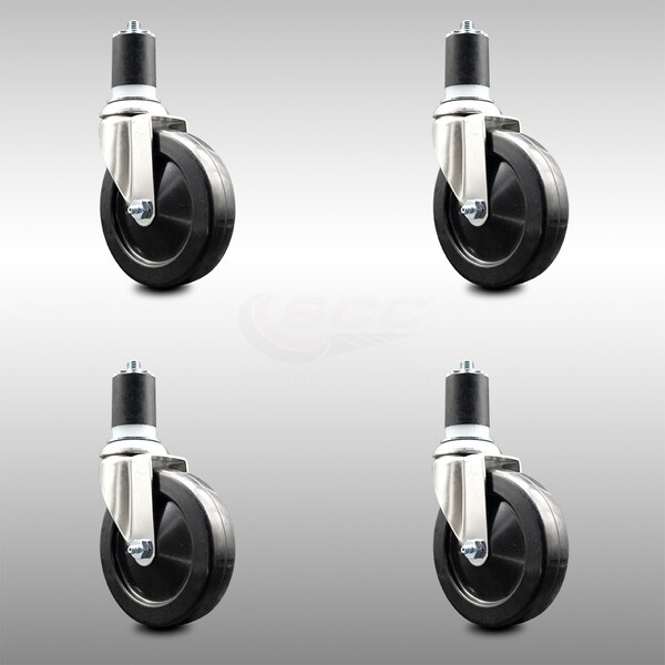 5 Inch 316SS Soft Rubber Wheel Swivel 1-3/4 Inch Expanding Stem Caster Set SCC